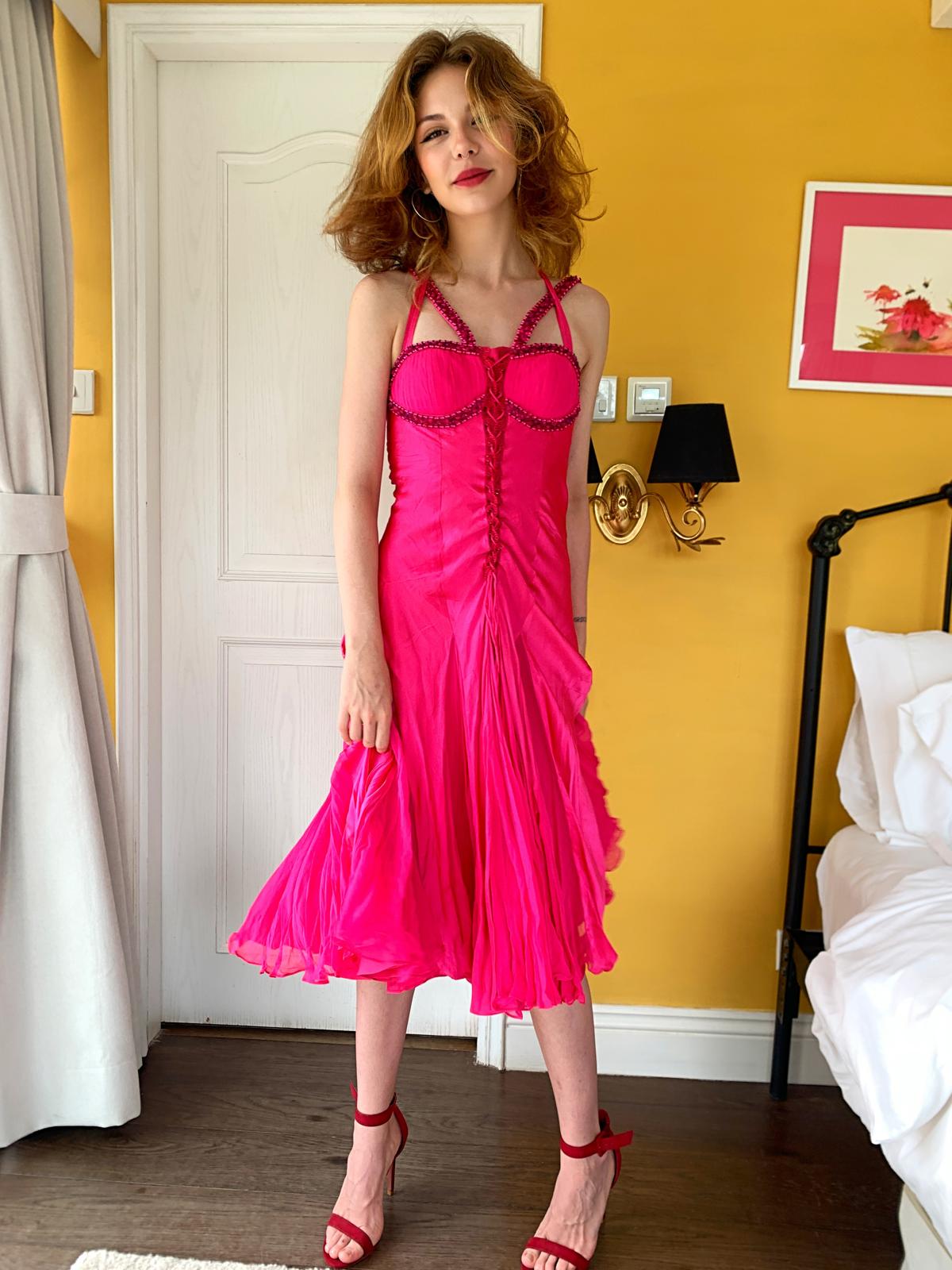 Fuchsia Silk Braided Midi Dress