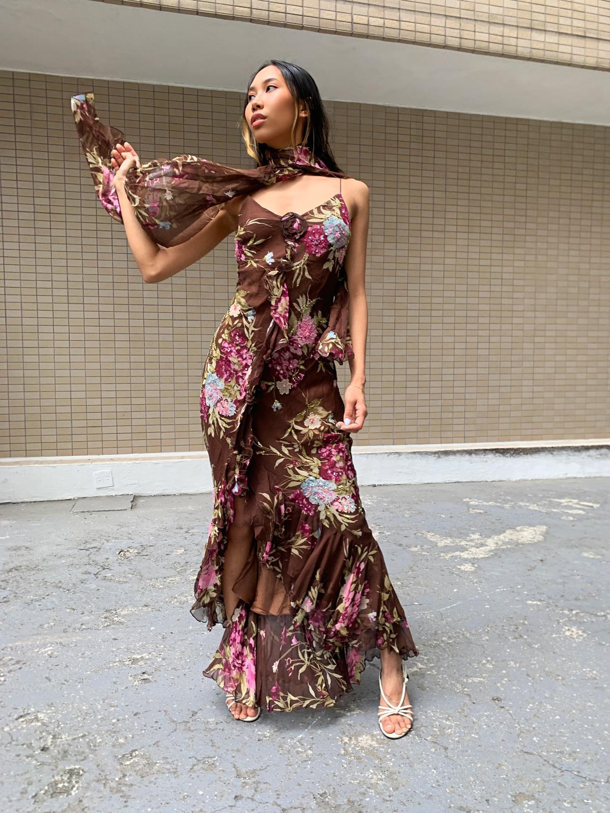 Brown & Pink Wildflower Maxi Dress Freis Spirit Brown & Pink Wildflower Maxi Dress Freis Spirit
