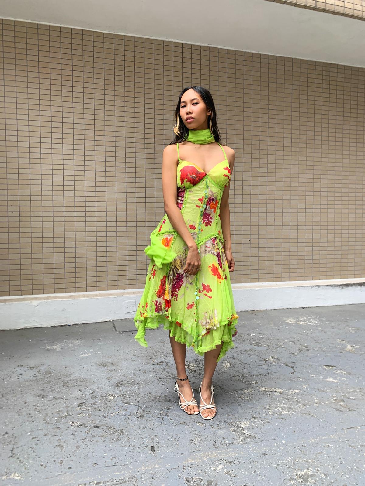 Lime Green Floral Midi Dress