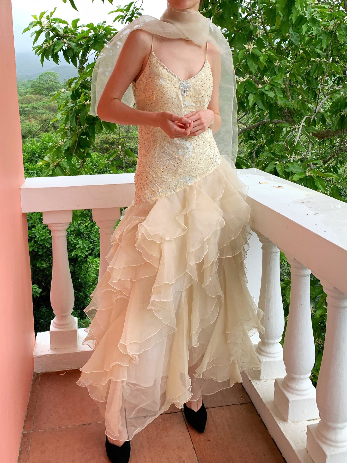 Cream & Pale Blue Beaded Ball Gown