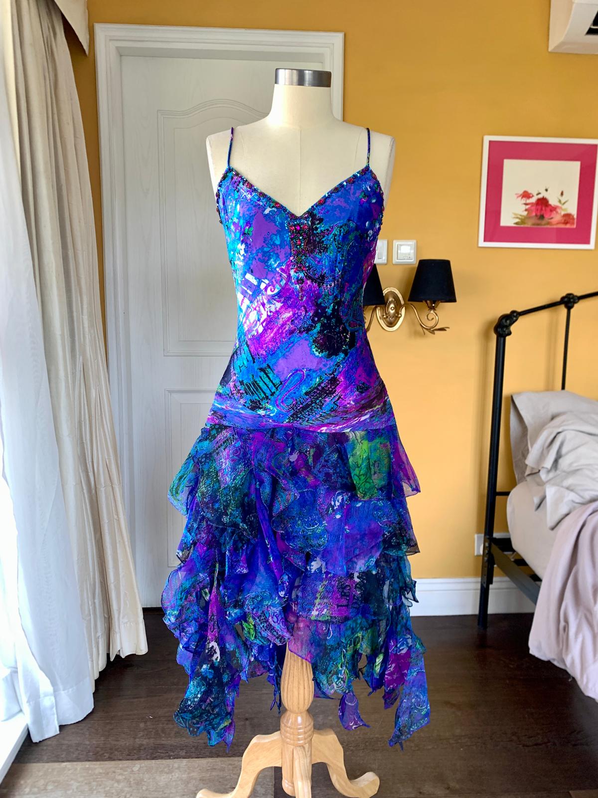 Abstract Blue Purple Organza Midi Dress