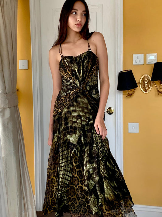 Olive Snakeskin Beaded Maxi Dress
