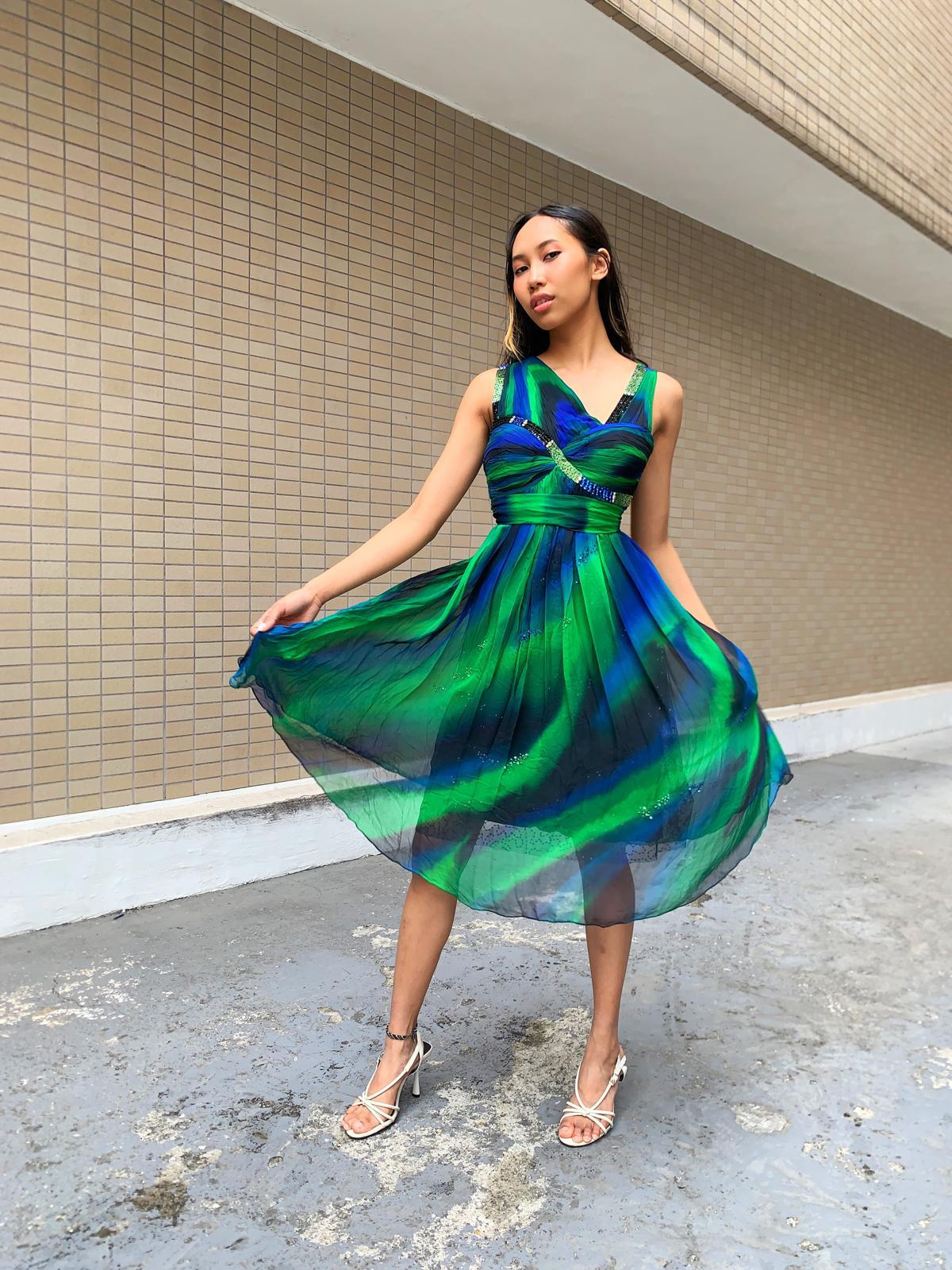 Green & Blue Swirl Midi Dress