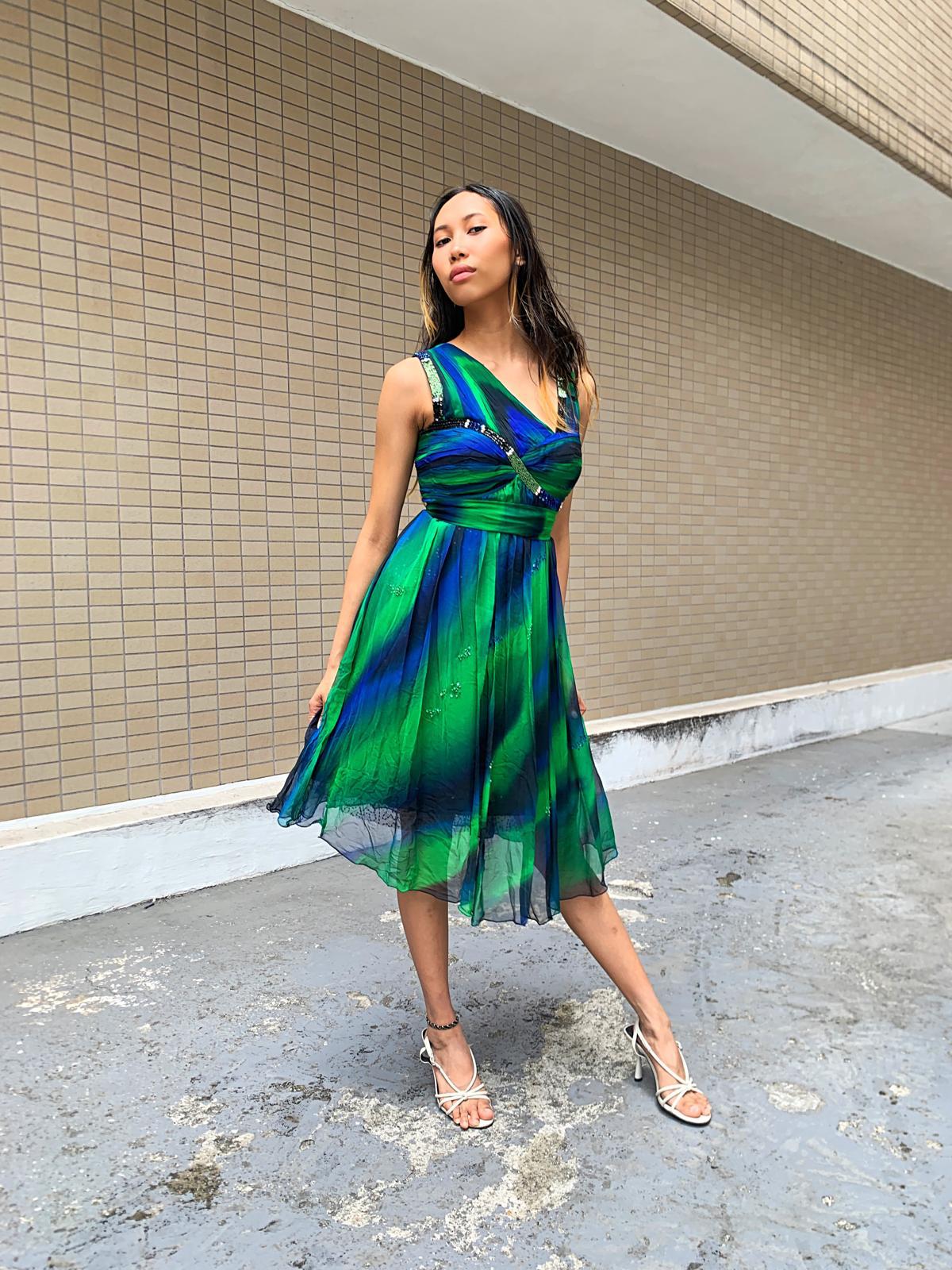 Green & Blue Swirl Midi Dress