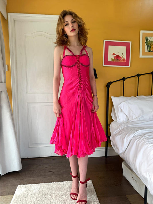 Fuchsia Silk Braided Midi Dress