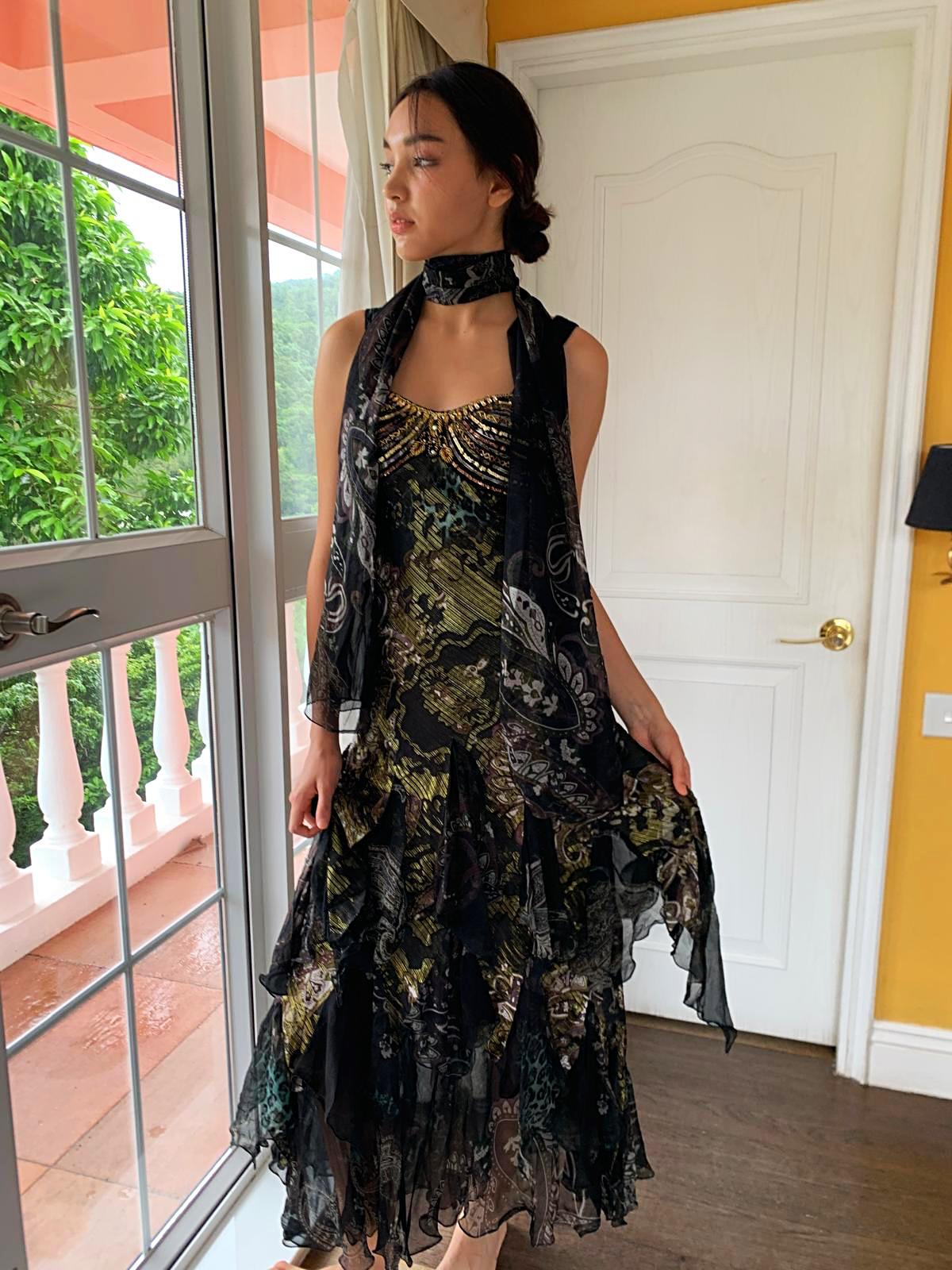 Khaki & Gold Beaded Maxi Dress