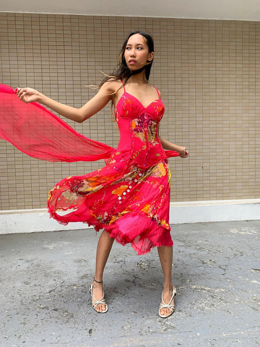 Red Floral Midi Dress