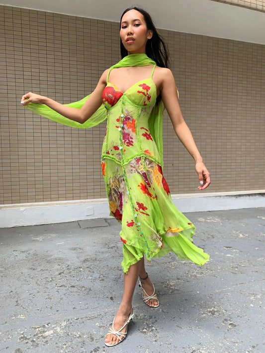 Lime Green Floral Midi Dress