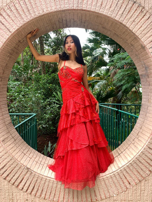 Frothy Ruby Beaded Ball Gown