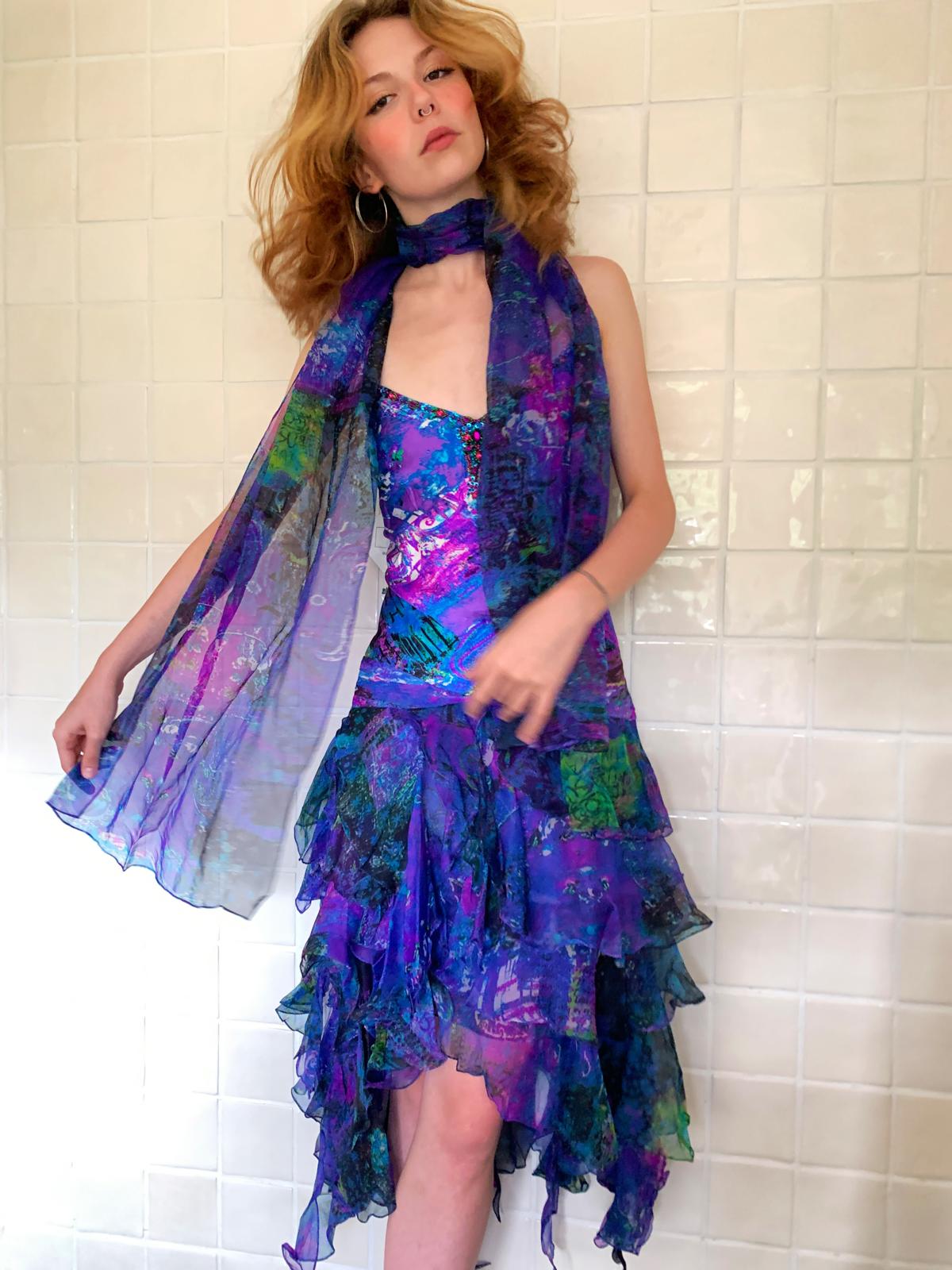 Abstract Blue Purple Organza Midi Dress