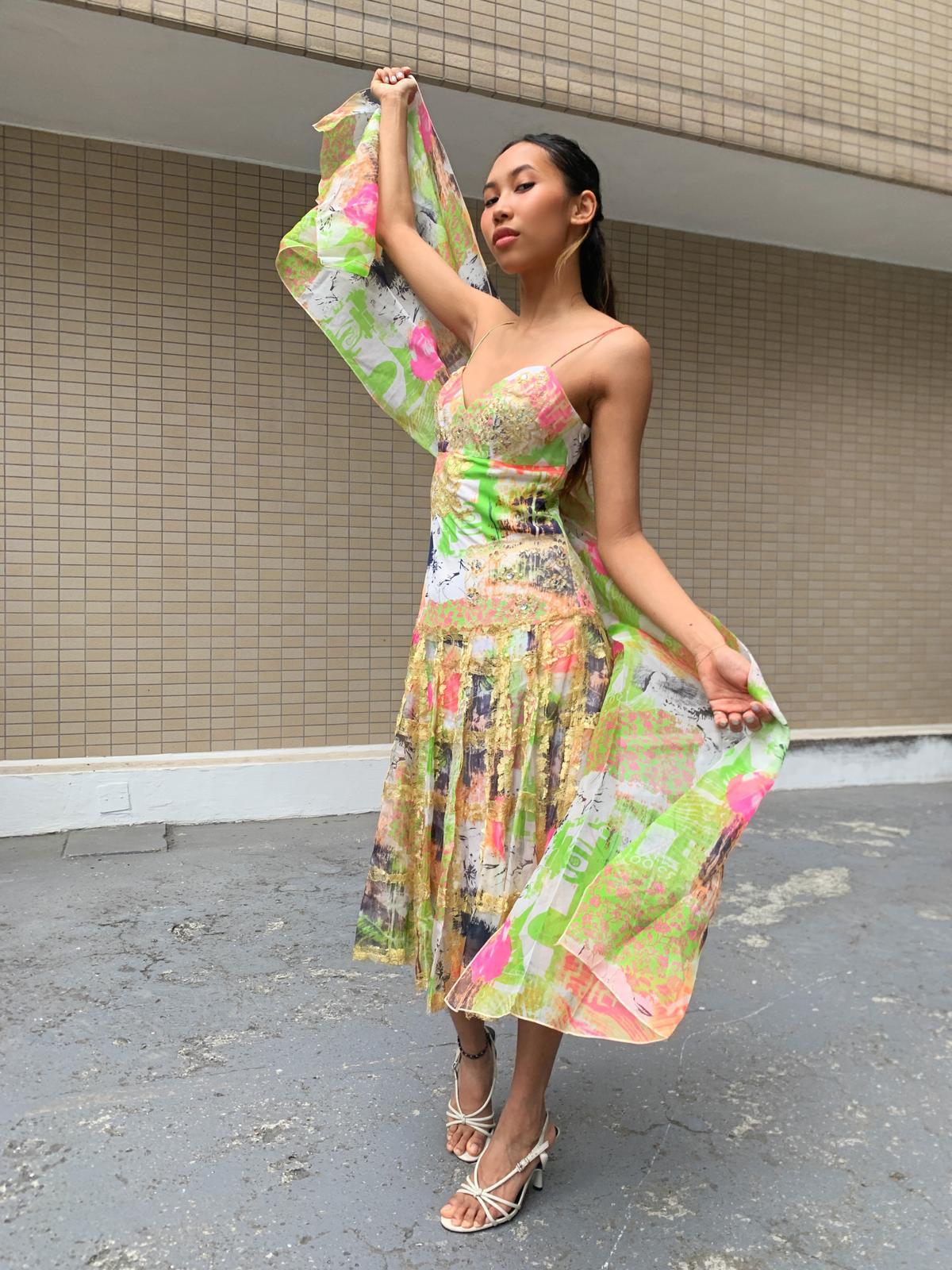 Golden Trim Patchwork Midi Dress