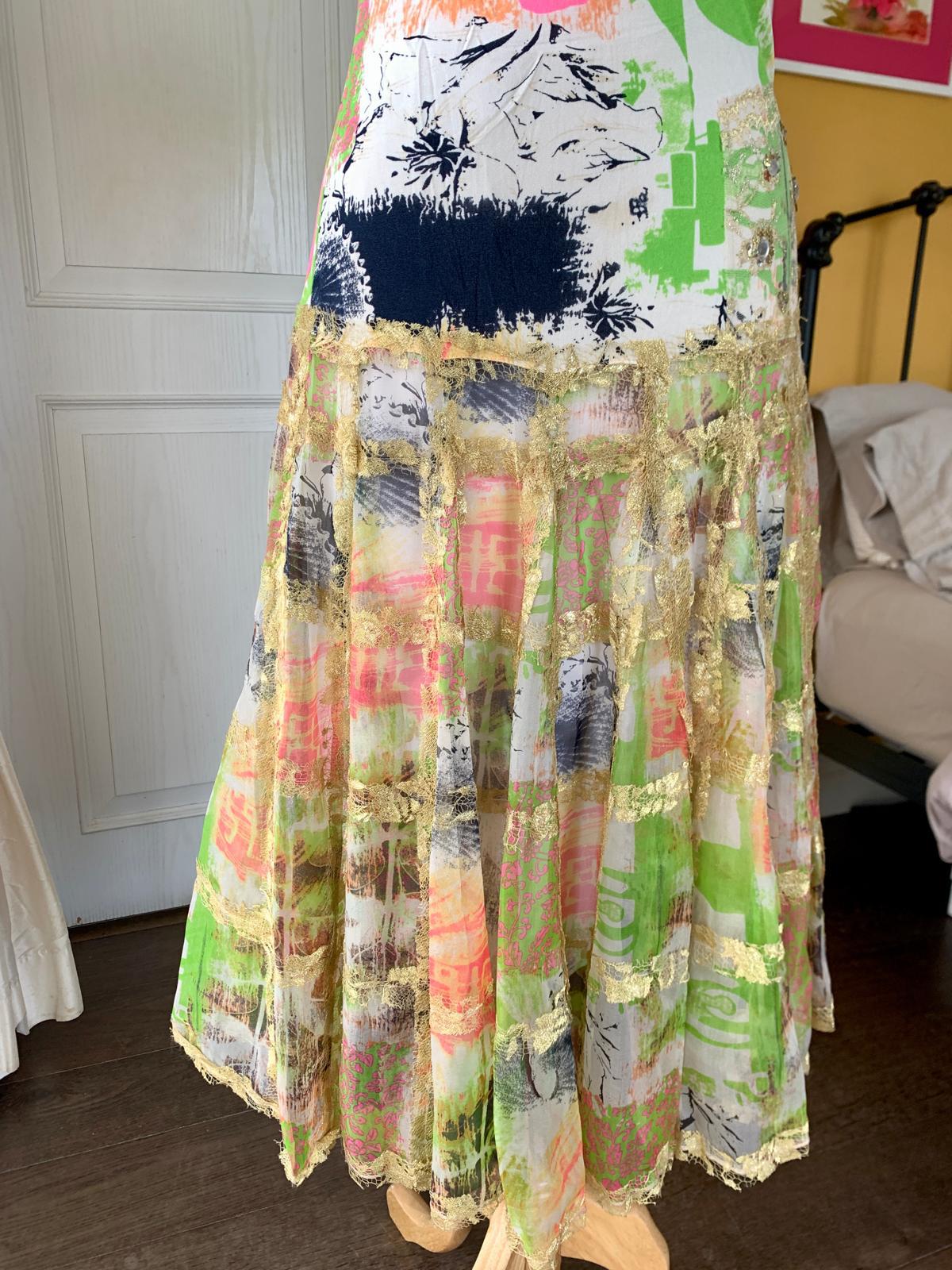 Golden Trim Patchwork Midi Dress