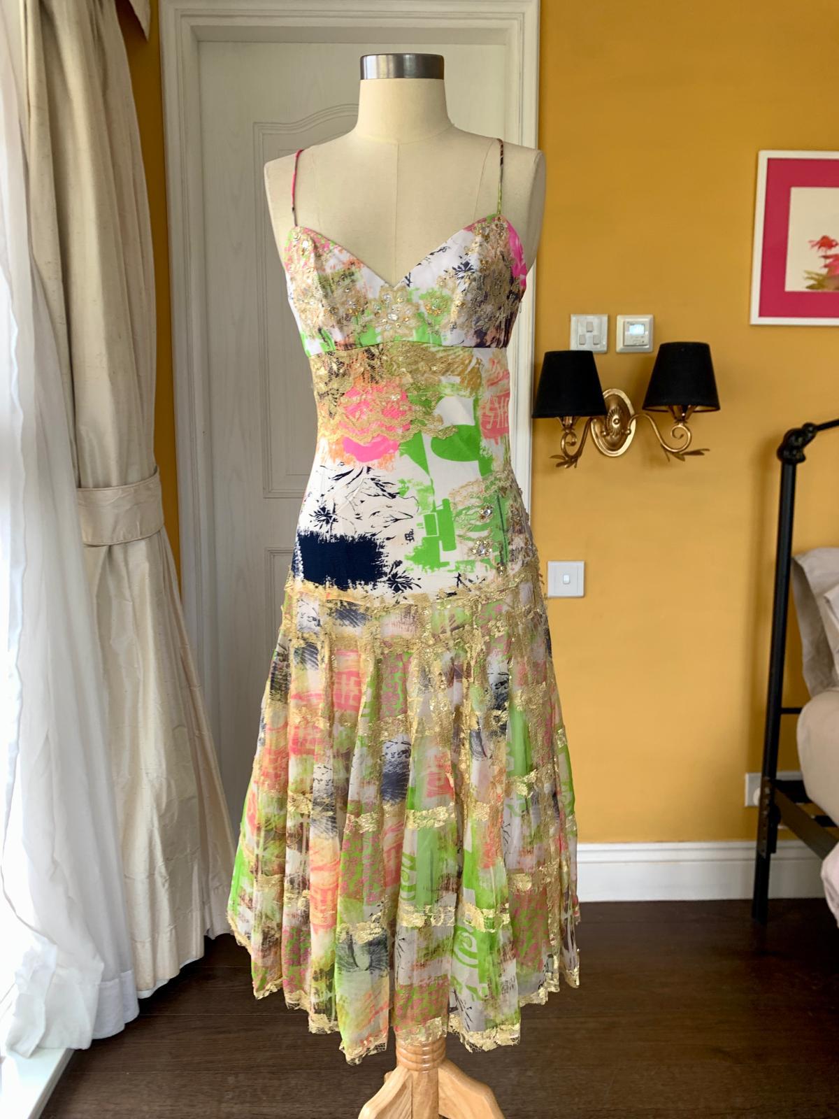 Golden Trim Patchwork Midi Dress