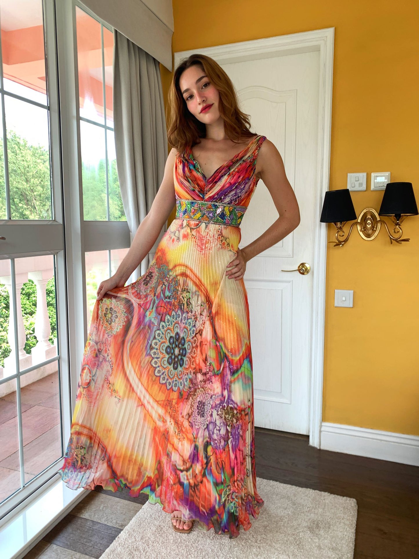 Citrus Print Pleated Maxi Dress